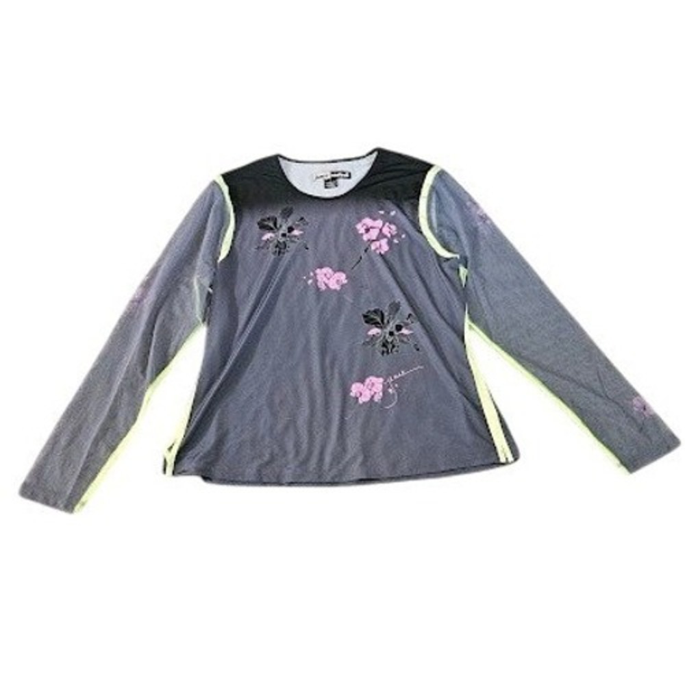 Jamie Sadock Shirt Women Large Gray Floral Mesh Long Sleeve Golf Activewear